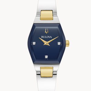 BULOVA GEMINI MODERN BLUE DIAL STAINLESS STEEL BANGLE WOMEN’S WATCH 98P218