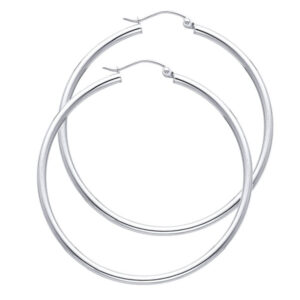 14KW 2mm Round Tube Polished Hoop Earrings (35mm)