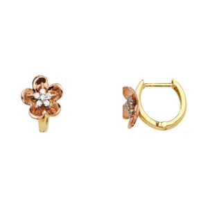 14K 2T Flower CZ Huggies Earrings
